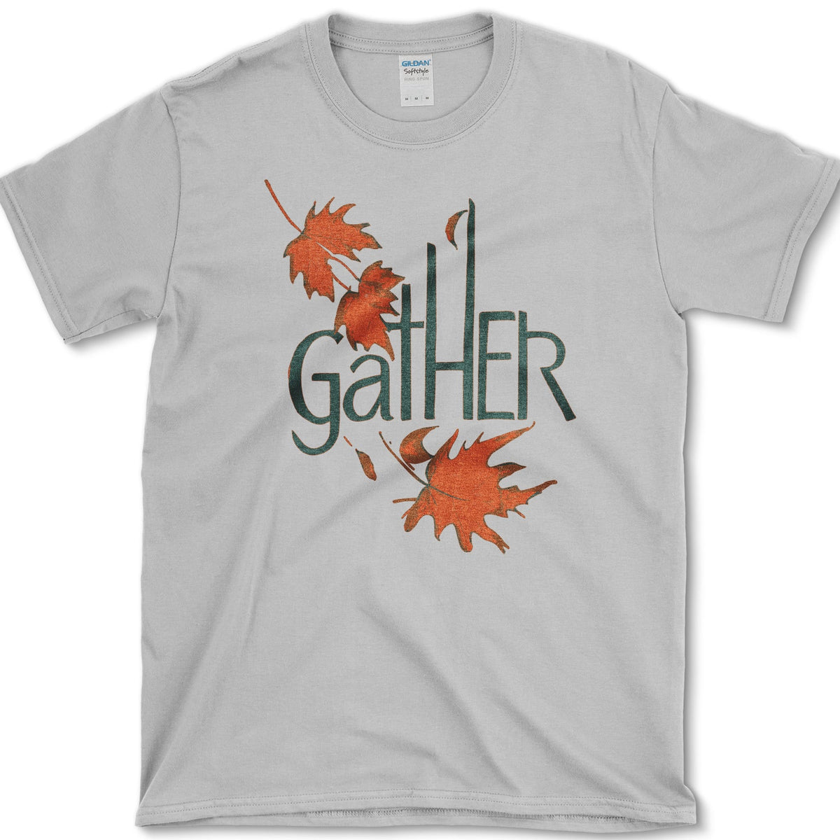 Tall Gather lettering surrounded by four drifting orange maple leaves