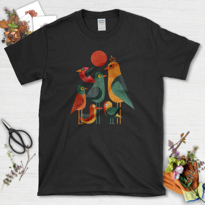 Geometric Garden Birds T-Shirt Black / S Physical Item