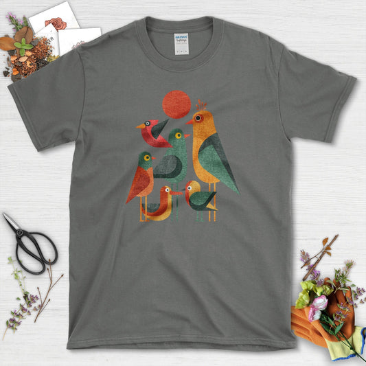 Geometric Garden Birds T-Shirt Charcoal / S Physical Item