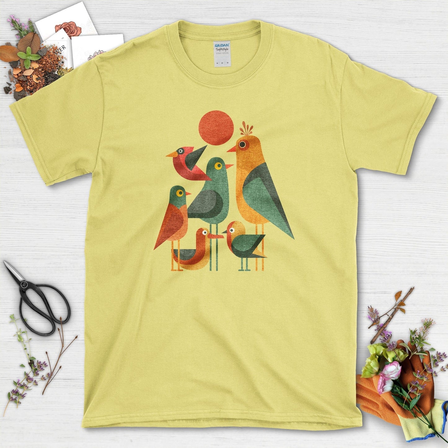 Geometric Garden Birds T-Shirt Cornsilk / S Physical Item