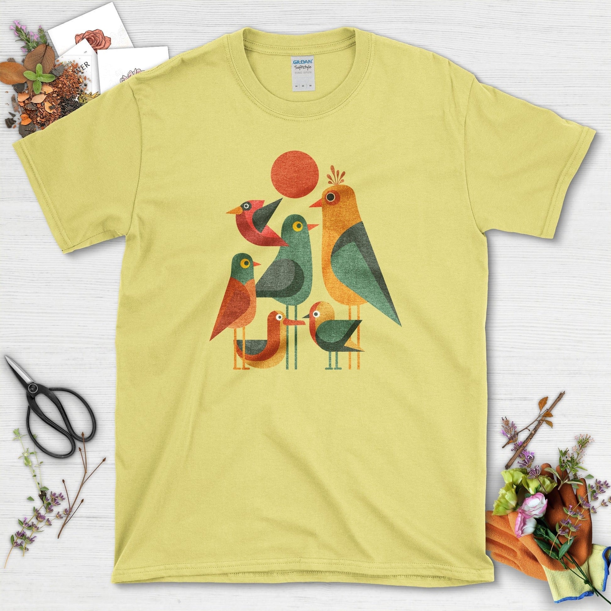 Geometric Garden Birds T-Shirt Cornsilk / S Physical Item