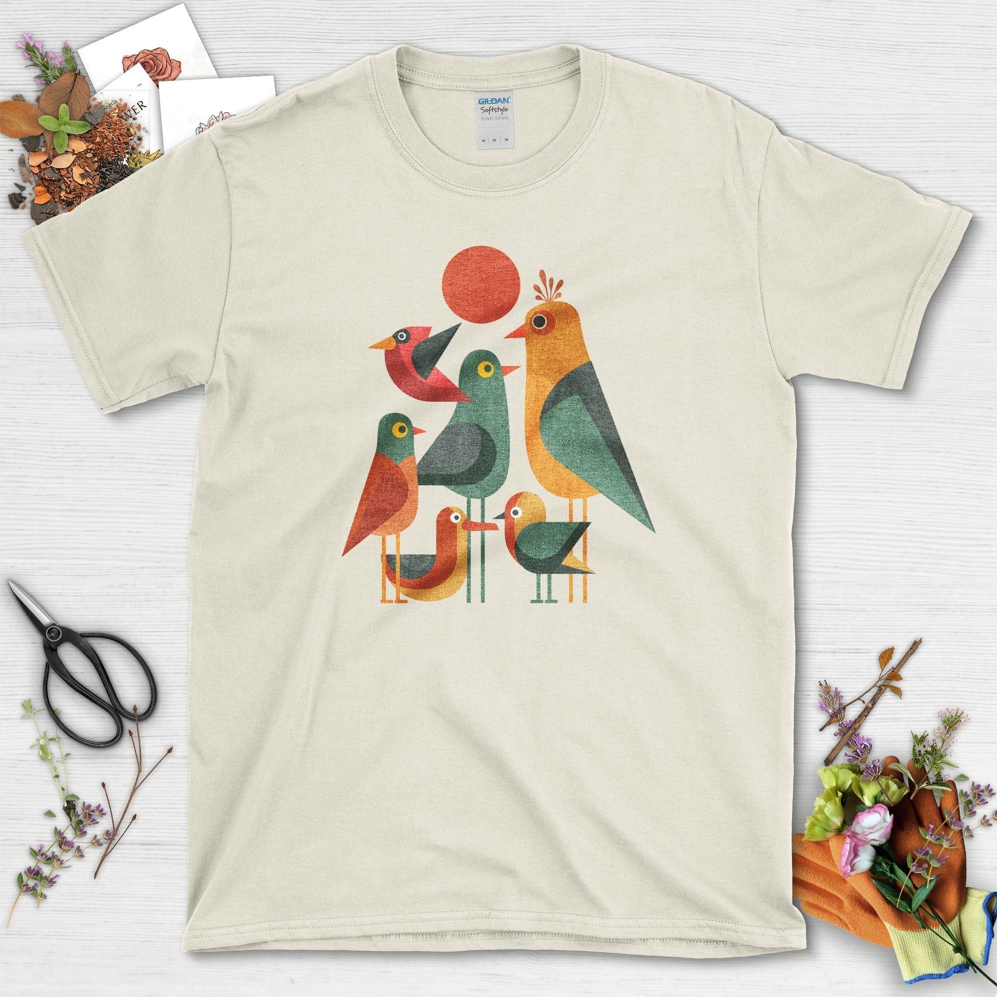 Geometric Garden Birds T-Shirt Natural / S Physical Item