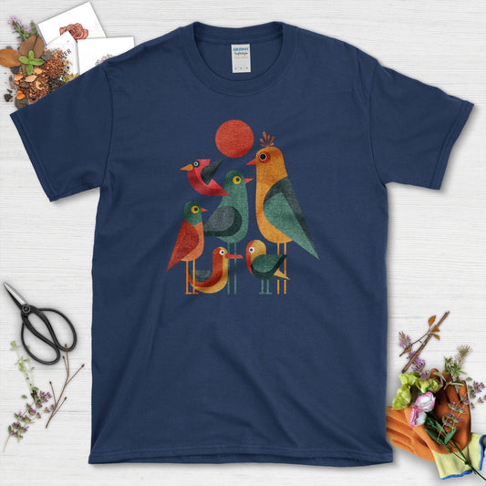 Geometric Garden Birds T-Shirt Navy / S Physical Item
