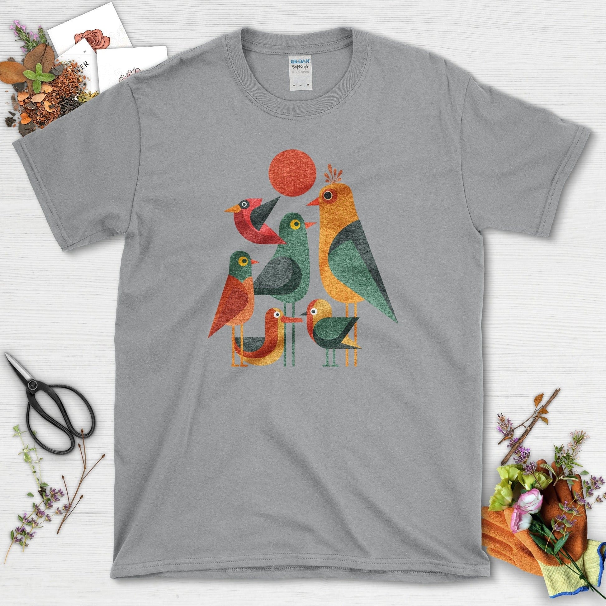 Geometric Garden Birds T-Shirt Sport Grey / S Physical Item