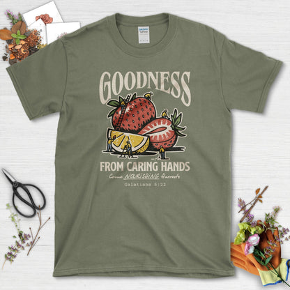Goodness From Caring Hands T-Shirt Essential Tees / S / Military Green Physical Item