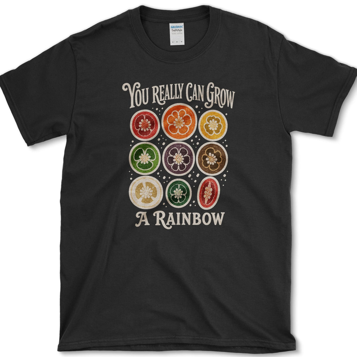 Nine rainbow-colored pepper cross-sections between You Really Can Grow and A Rainbow lettering