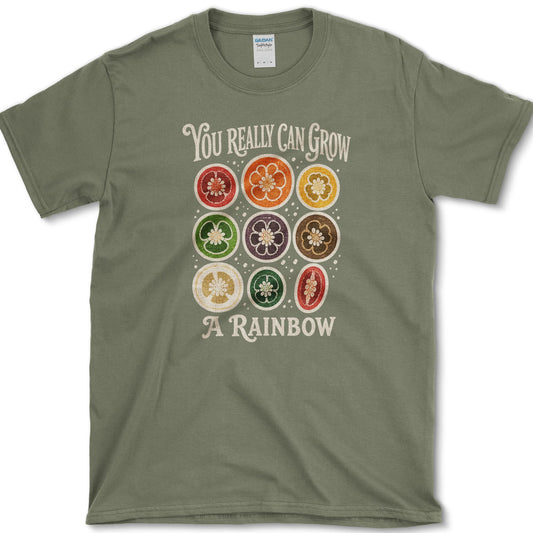 Nine rainbow-colored pepper cross-sections between You Really Can Grow and A Rainbow lettering