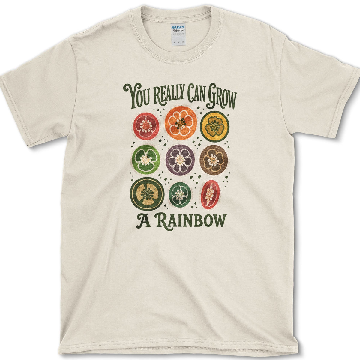 Nine rainbow-colored pepper cross-sections between You Really Can Grow and A Rainbow lettering