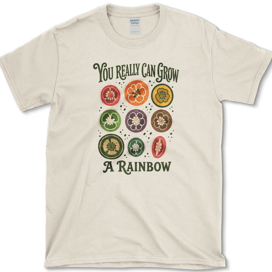 Nine rainbow-colored pepper cross-sections between You Really Can Grow and A Rainbow lettering