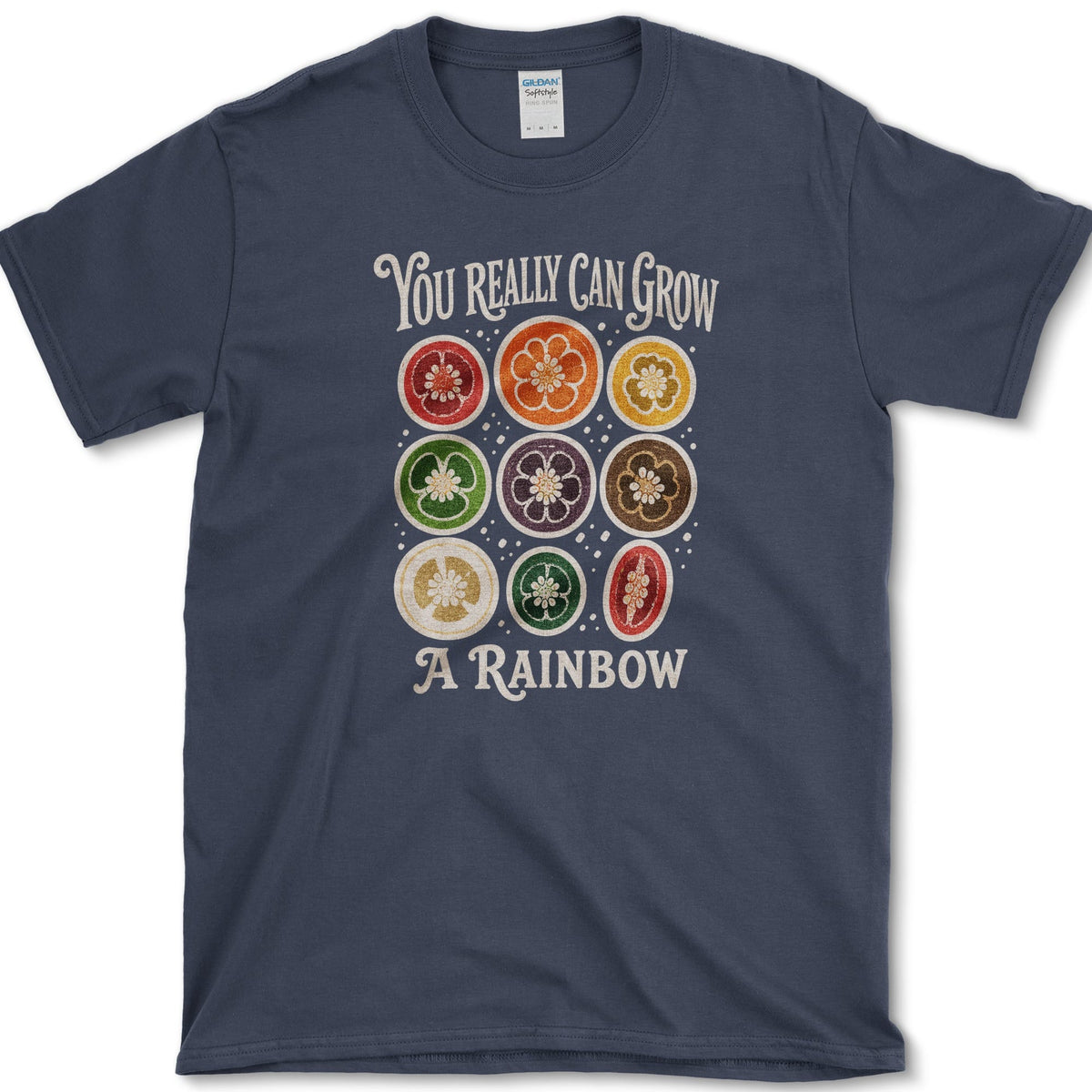 Nine rainbow-colored pepper cross-sections between You Really Can Grow and A Rainbow lettering