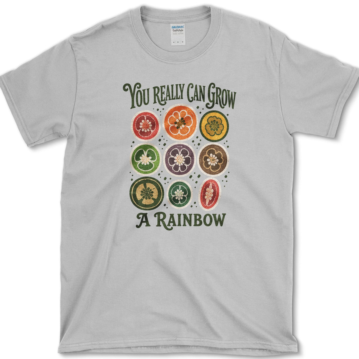 Nine rainbow-colored pepper cross-sections between You Really Can Grow and A Rainbow lettering