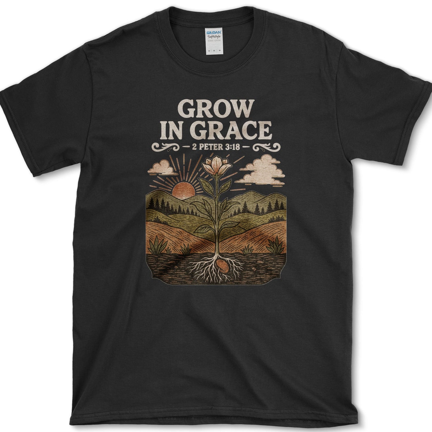 Grow in Grace design featuring flower artwork on a t-shirt