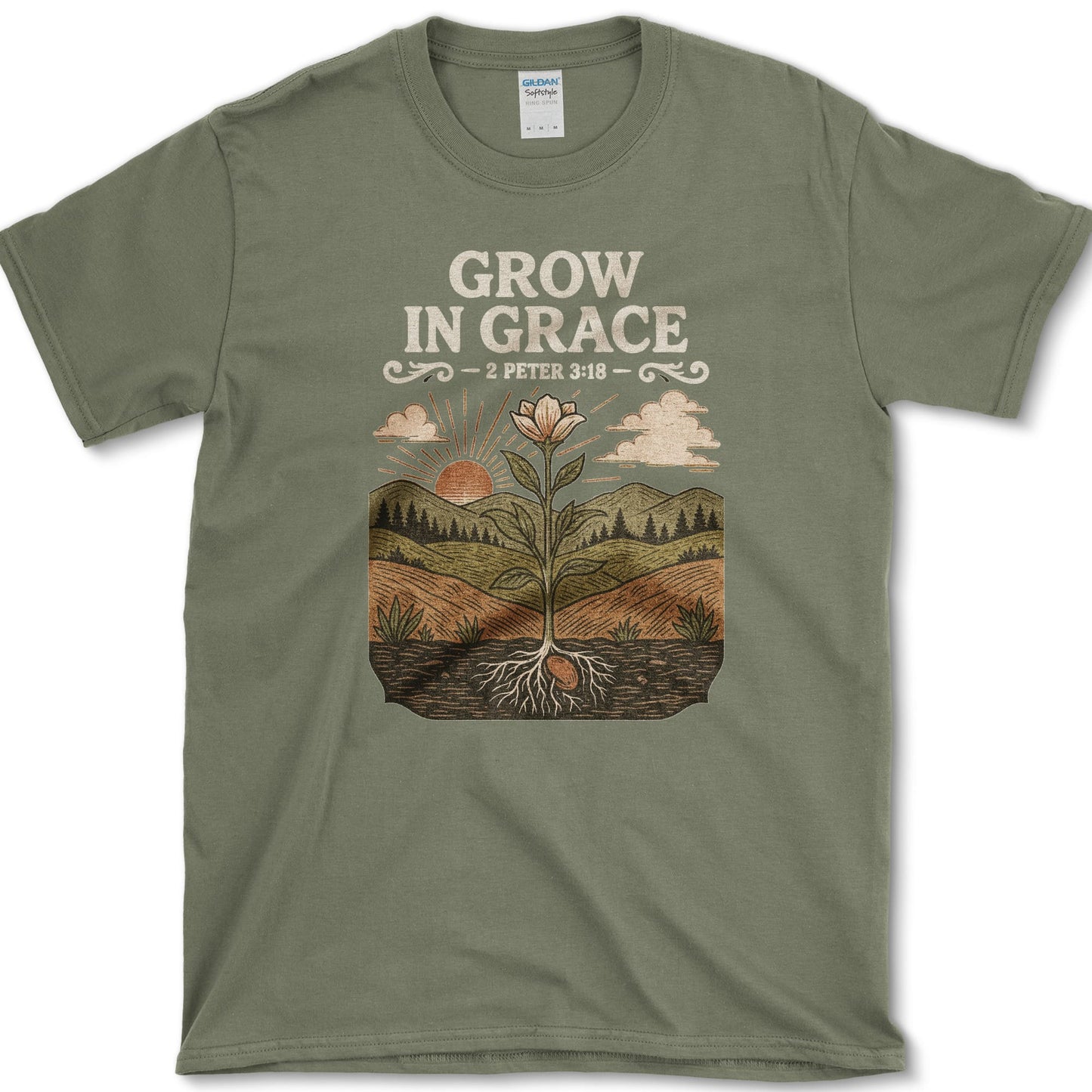 Grow in Grace design featuring flower artwork on a t-shirt