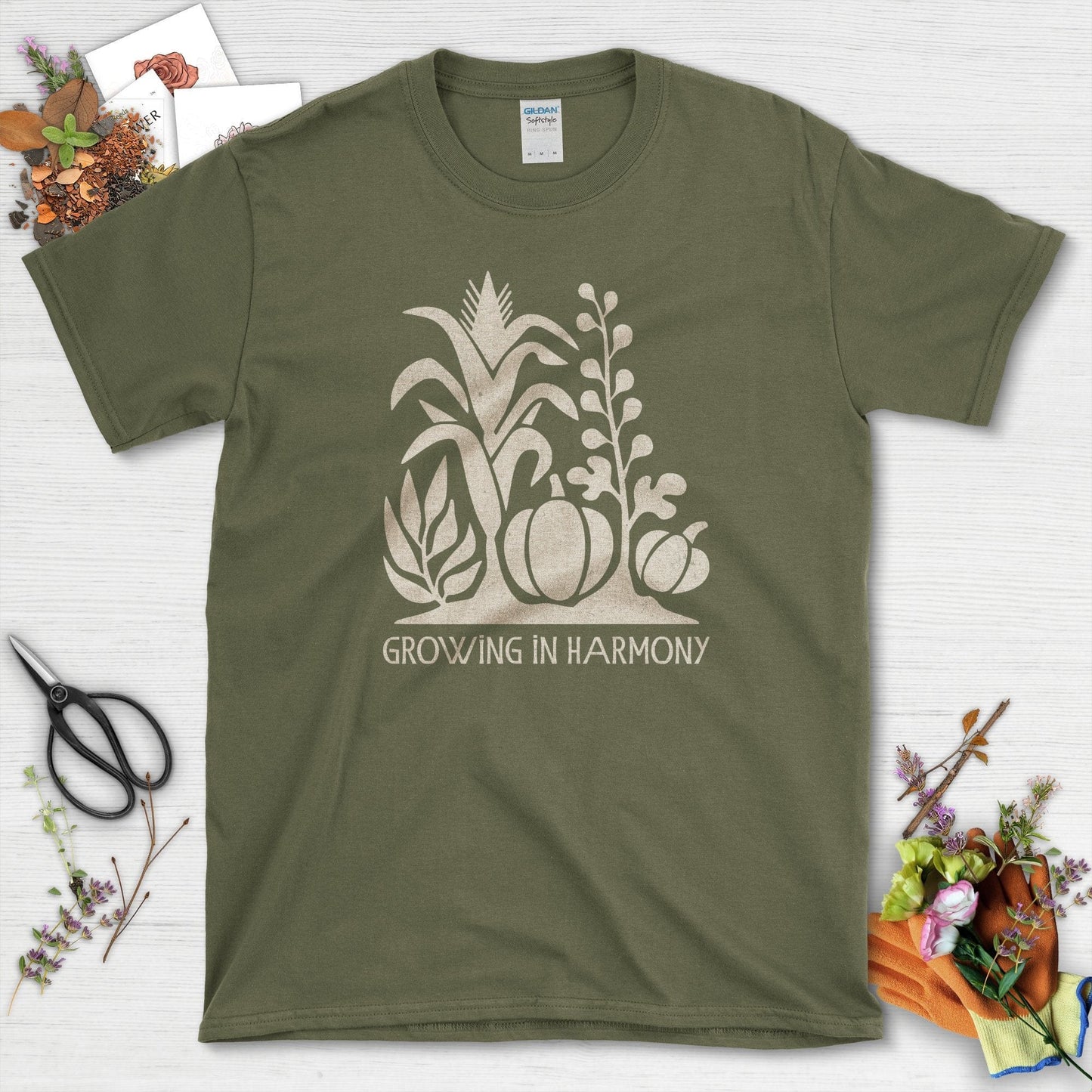 Growing in Harmony T-Shirt T-Shirts / S / Military Green Physical Item