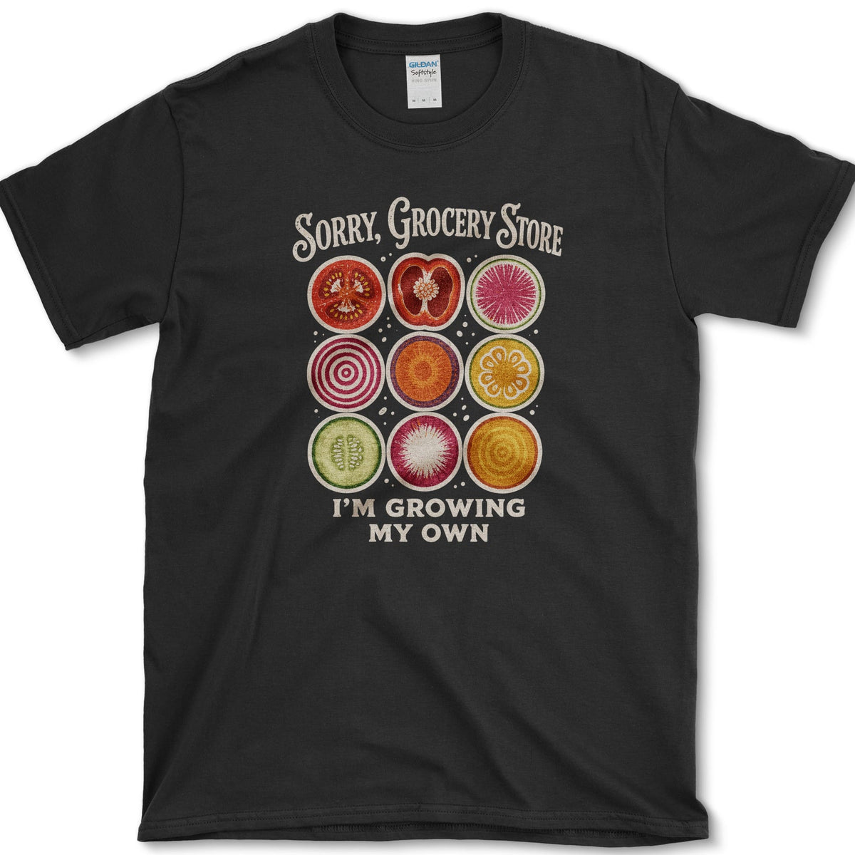 Nine colorful vegetable slices beneath Sorry Grocery Store and above I'm Growing My Own lettering