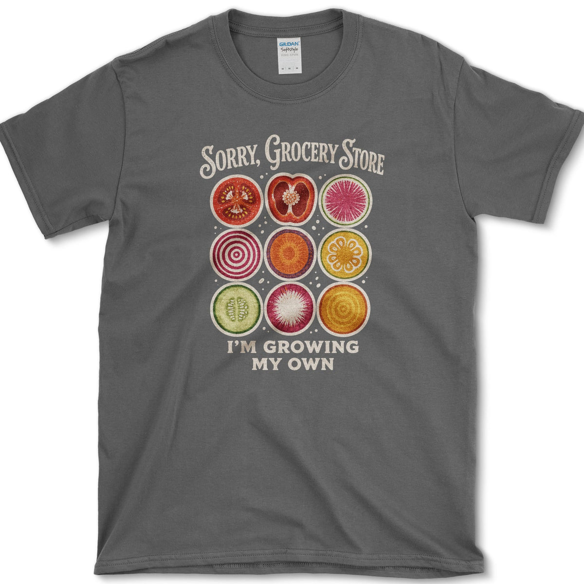 Nine colorful vegetable slices beneath Sorry Grocery Store and above I'm Growing My Own lettering