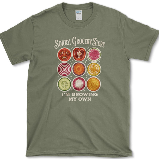 Nine colorful vegetable slices beneath Sorry Grocery Store and above I'm Growing My Own lettering