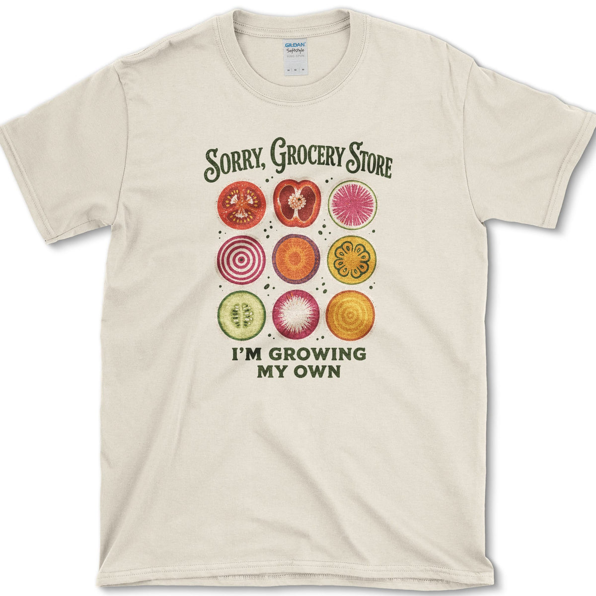Nine colorful vegetable slices beneath Sorry Grocery Store and above I'm Growing My Own lettering