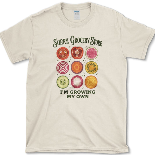 Nine colorful vegetable slices beneath Sorry Grocery Store and above I'm Growing My Own lettering