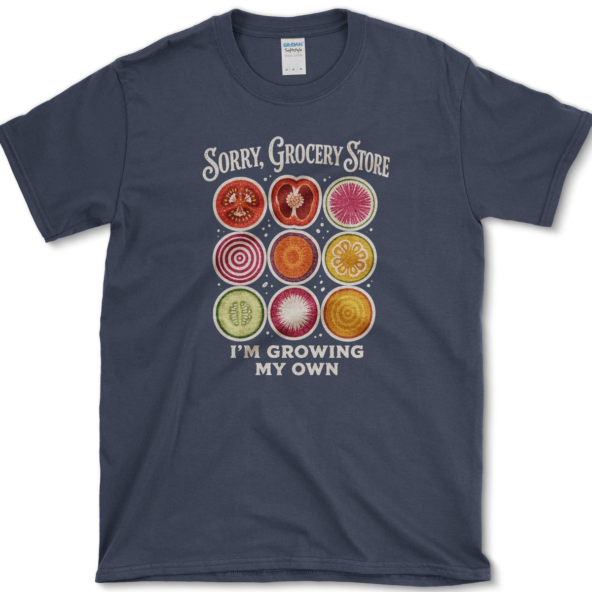 Nine colorful vegetable slices beneath Sorry Grocery Store and above I'm Growing My Own lettering