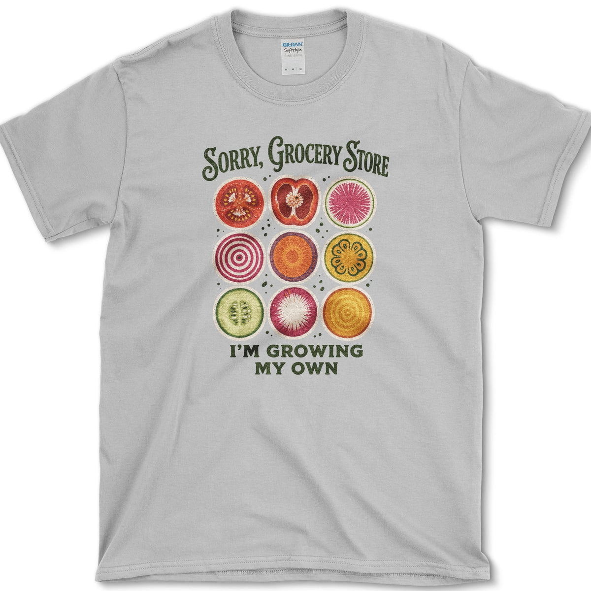 Nine colorful vegetable slices beneath Sorry Grocery Store and above I'm Growing My Own lettering