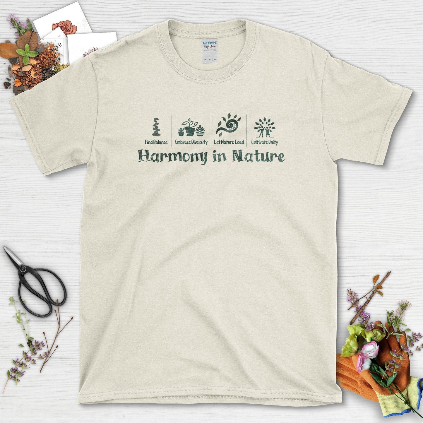 Harmony in Nature Find Balance Garden Inspired T-Shirts Natural / S T-Shirt