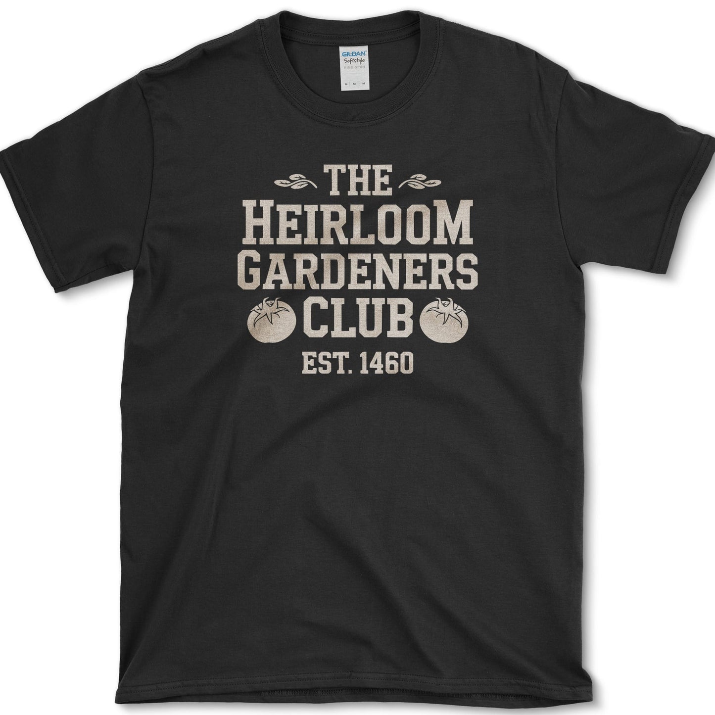 Heirloom Gardeners Club design featuring heirloom tomato artwork on a t-shirt