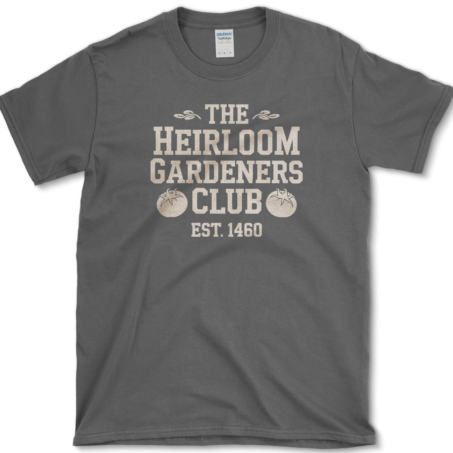Heirloom Gardeners Club design featuring heirloom tomato artwork on a t-shirt