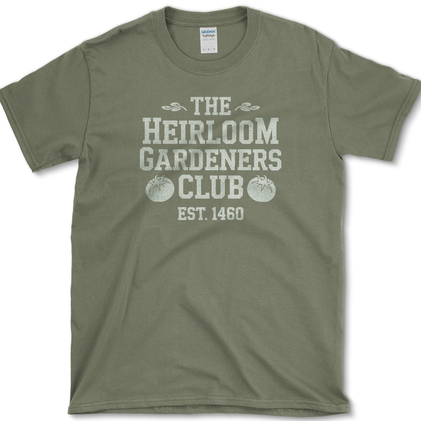 Heirloom Gardeners Club design featuring heirloom tomato artwork on a t-shirt