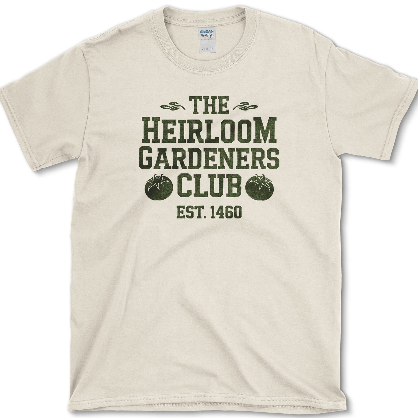 Heirloom Gardeners Club design featuring heirloom tomato artwork on a t-shirt