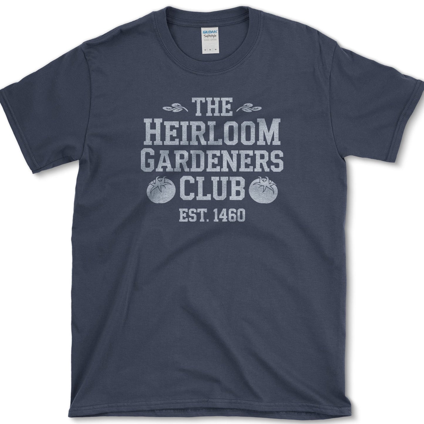 Heirloom Gardeners Club design featuring heirloom tomato artwork on a t-shirt