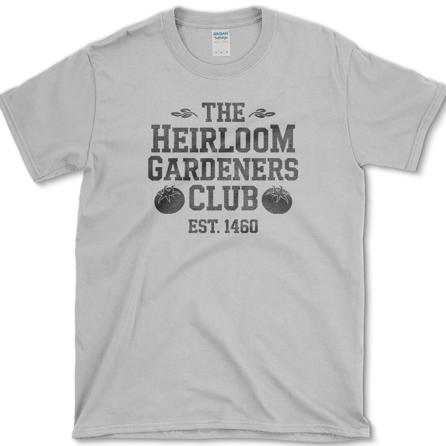 Heirloom Gardeners Club design featuring heirloom tomato artwork on a t-shirt