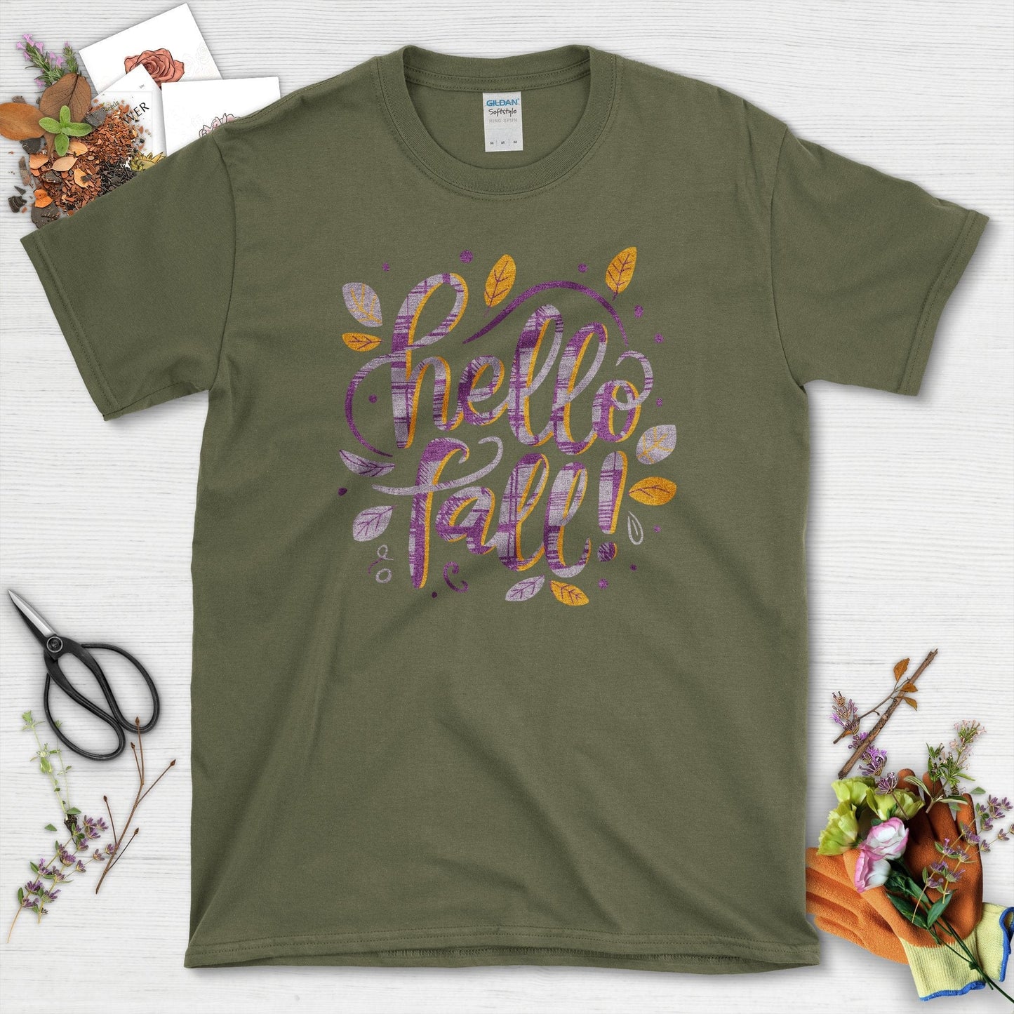 Hello Fall Nature T-Shirt Military Green / S / T-Shirts Physical Item