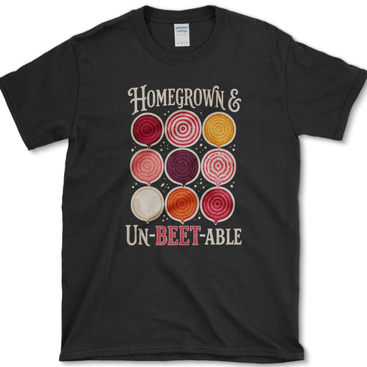 Nine red, pink, orange, cream, and purple beet slices between Homegrown and Un-Beetable lettering