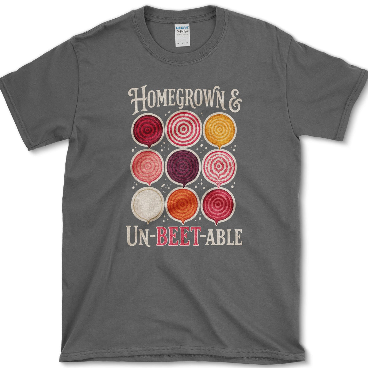 Nine red, pink, orange, cream, and purple beet slices between Homegrown and Un-Beetable lettering