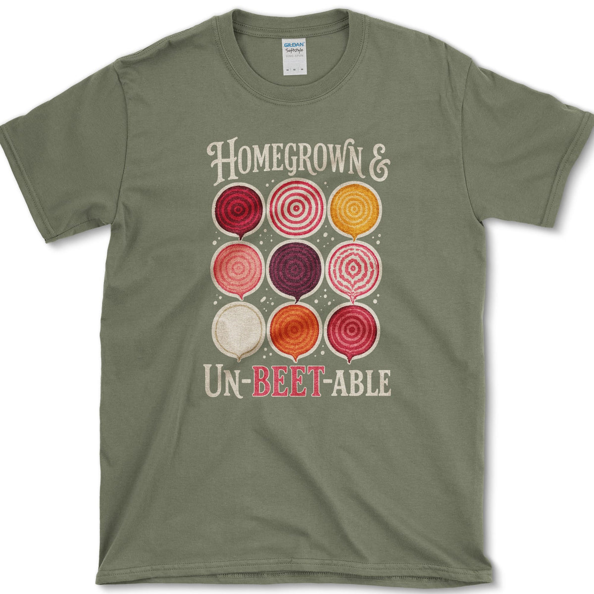 Nine red, pink, orange, cream, and purple beet slices between Homegrown and Un-Beetable lettering