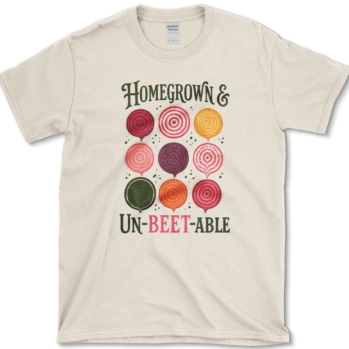 Nine red, pink, orange, cream, and purple beet slices between Homegrown and Un-Beetable lettering