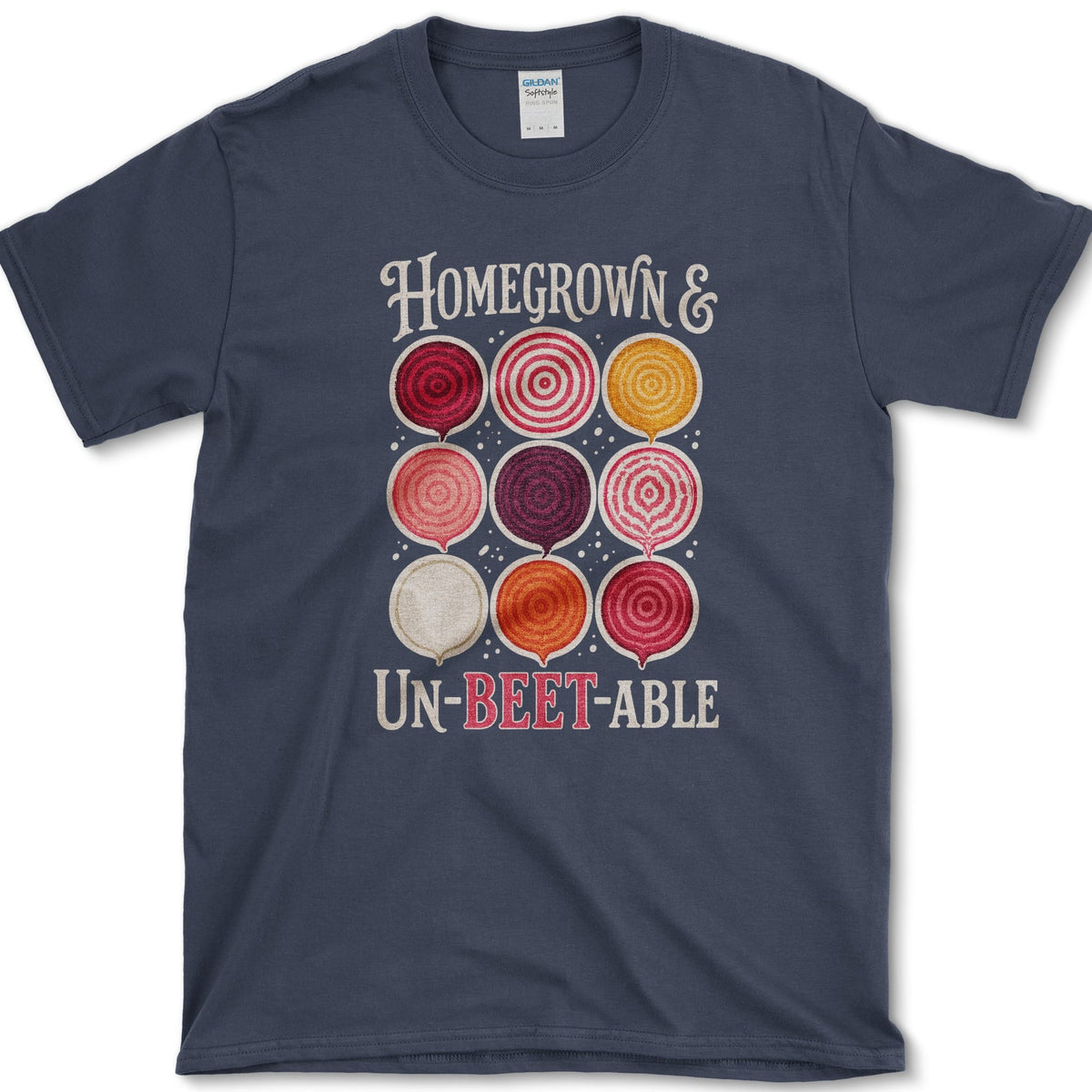 Nine red, pink, orange, cream, and purple beet slices between Homegrown and Un-Beetable lettering