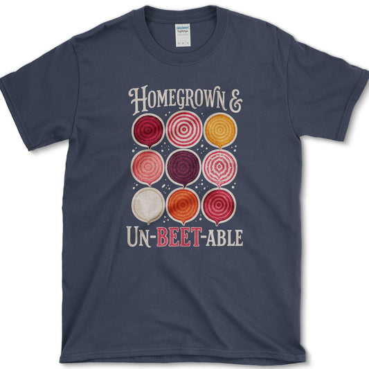 Nine red, pink, orange, cream, and purple beet slices between Homegrown and Un-Beetable lettering
