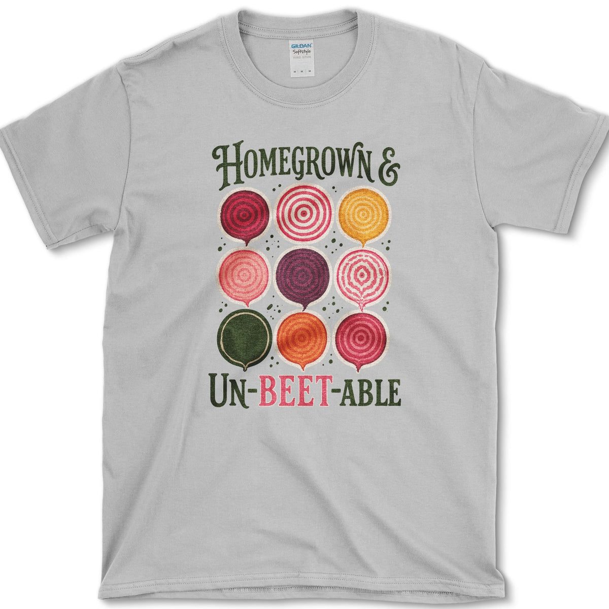 Nine red, pink, orange, cream, and purple beet slices between Homegrown and Un-Beetable lettering