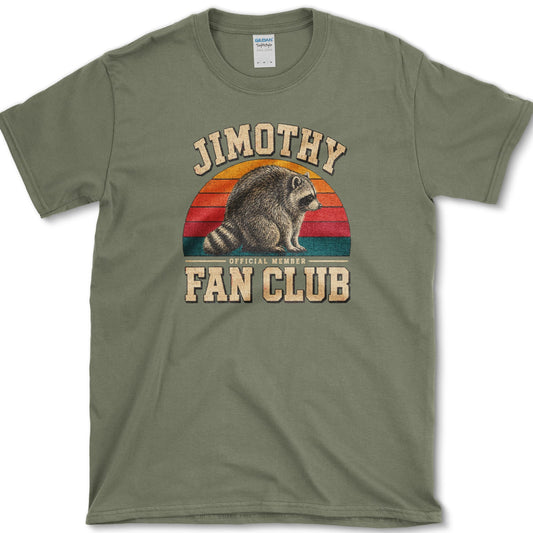 Jimothy Fan Club artwork featuring raccoon and raccoon fan club on a t-shirt