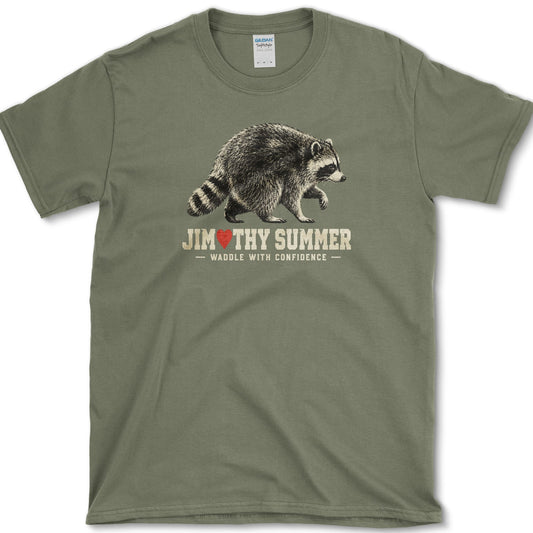 Jimothy Summer artwork featuring raccoon on a t-shirt