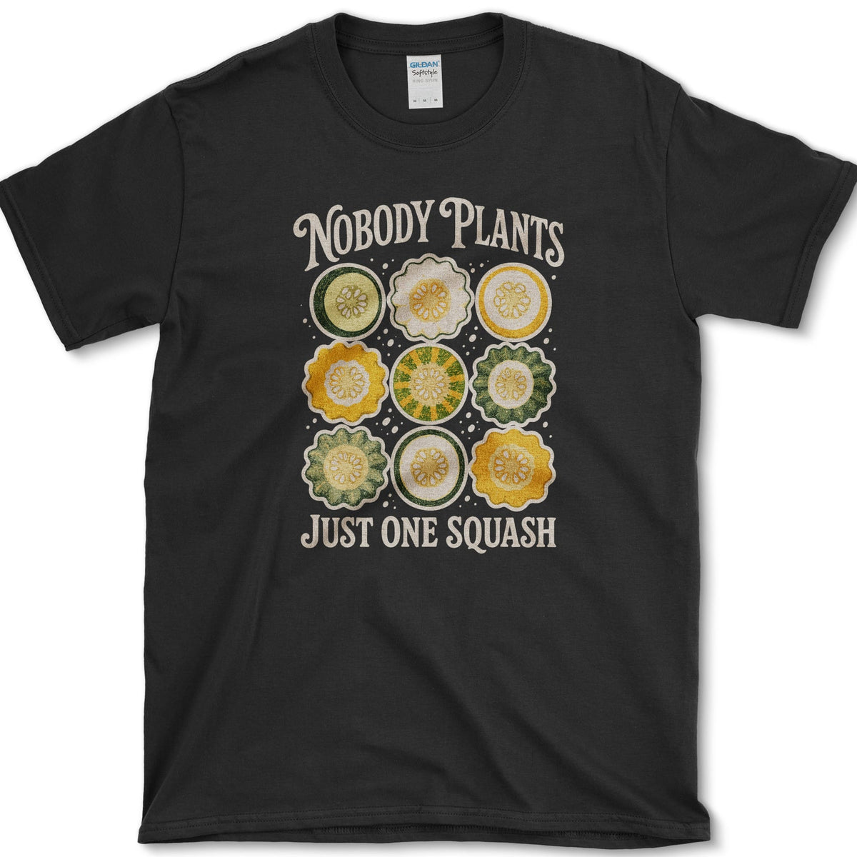 Nine green, yellow, and cream squash cross-sections with Nobody Plants Just One Squash lettering