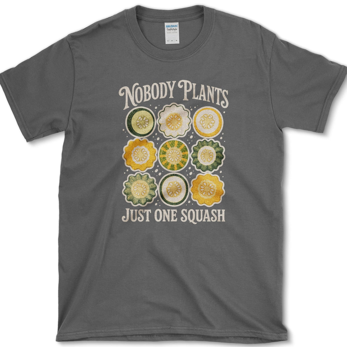 Nine green, yellow, and cream squash cross-sections with Nobody Plants Just One Squash lettering