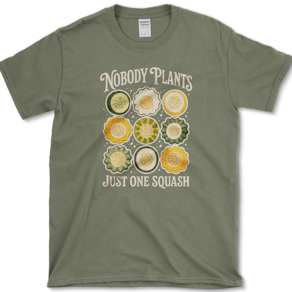 Nine green, yellow, and cream squash cross-sections with Nobody Plants Just One Squash lettering