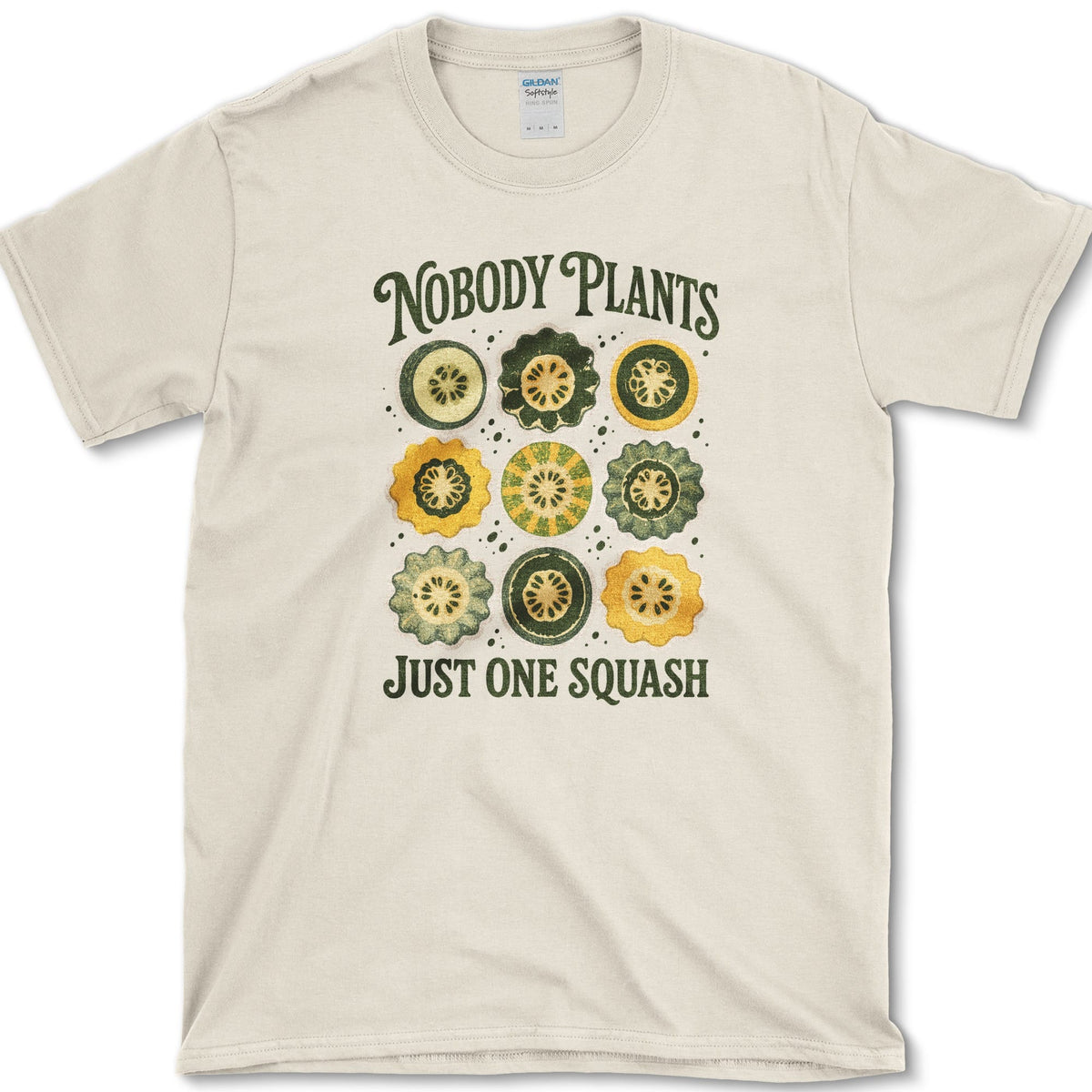 Nine green, yellow, and cream squash cross-sections with Nobody Plants Just One Squash lettering