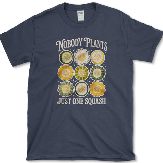 Nine green, yellow, and cream squash cross-sections with Nobody Plants Just One Squash lettering