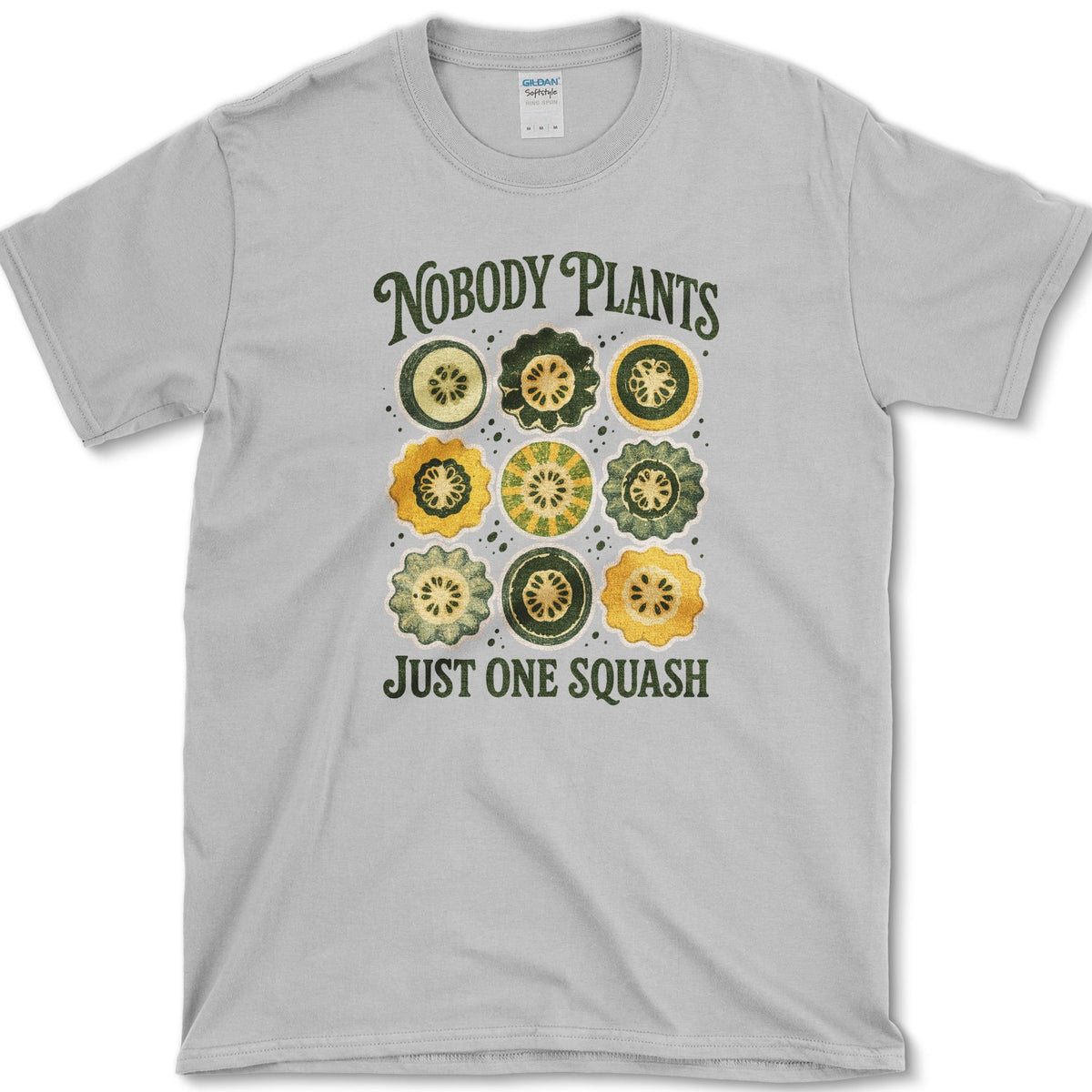 Nine green, yellow, and cream squash cross-sections with Nobody Plants Just One Squash lettering