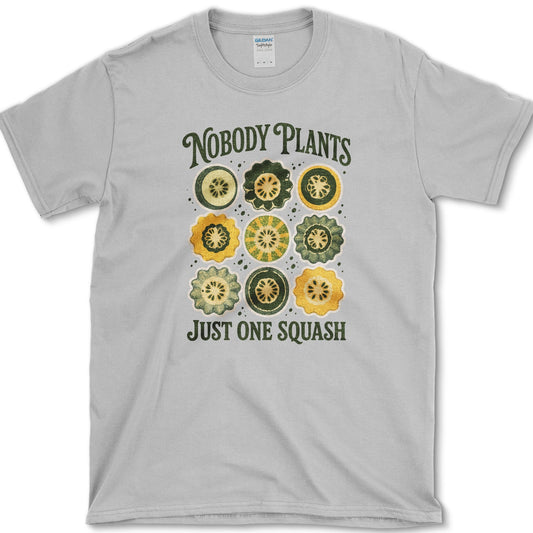 Nine green, yellow, and cream squash cross-sections with Nobody Plants Just One Squash lettering
