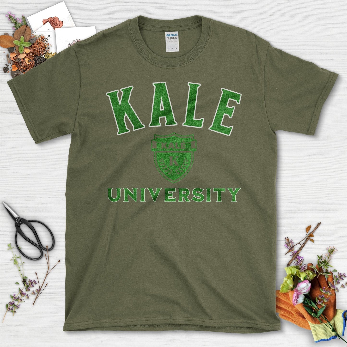 Kale University Logo Graphic Green Print T-Shirt Military Green / S T-Shirt